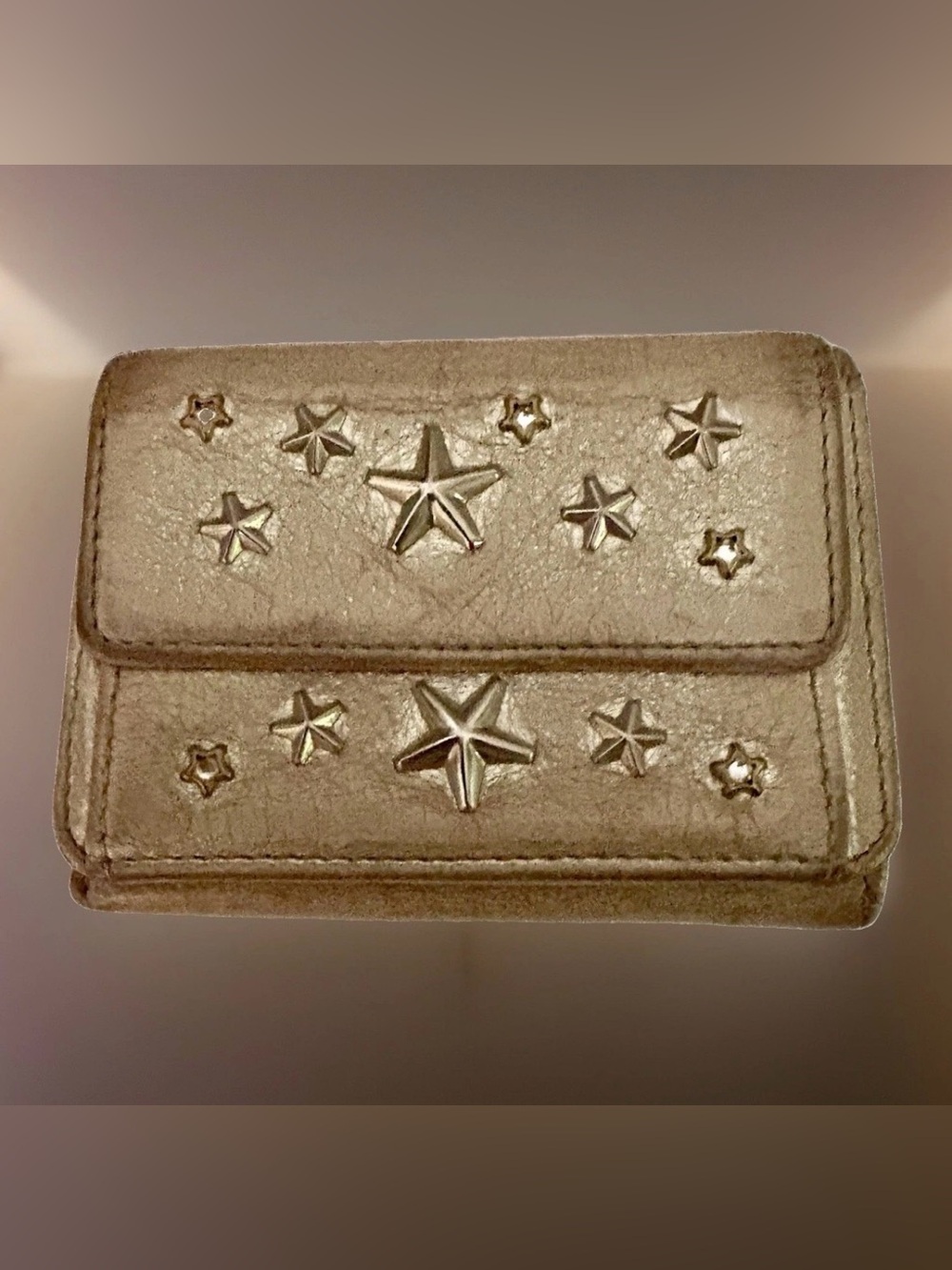 JIMMY CHOO Star Studded Leather Tri-Fold Wallet Metallic Gold Nemo GUC
